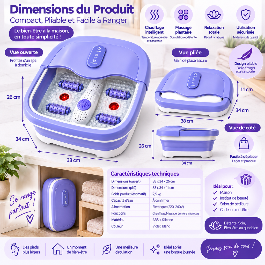 Bain de Pieds Pliable Chauffant avec Massage – Spa Pédicure Électrique