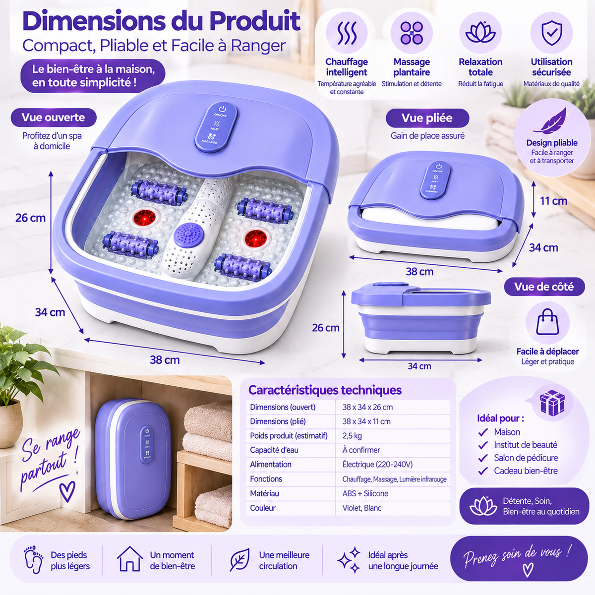 Bain de Pieds Pliable Chauffant avec Massage – Spa Pédicure Électrique