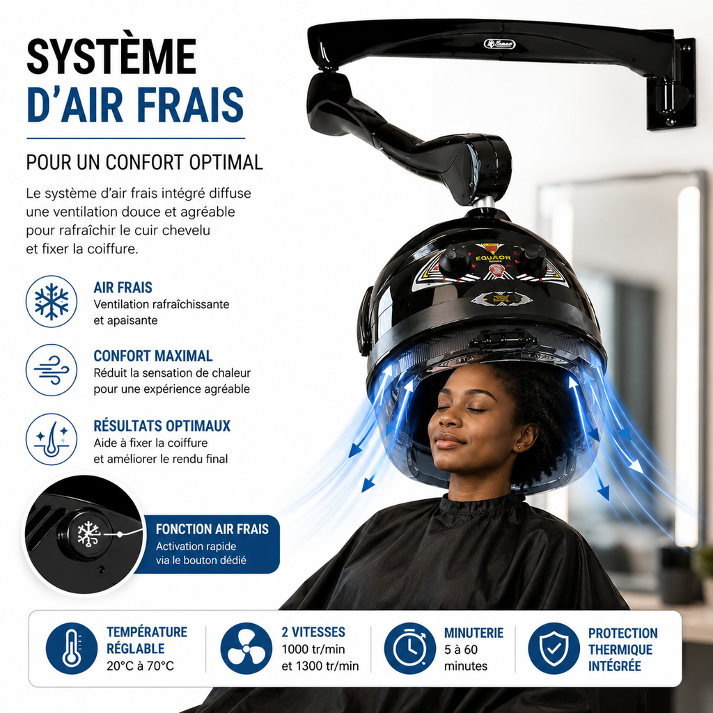 Casque Sèche-Cheveux Professionnel Mural Equator 3000 Noir – 930W, 2 Vitesses, Température Réglable 20 à 70°C