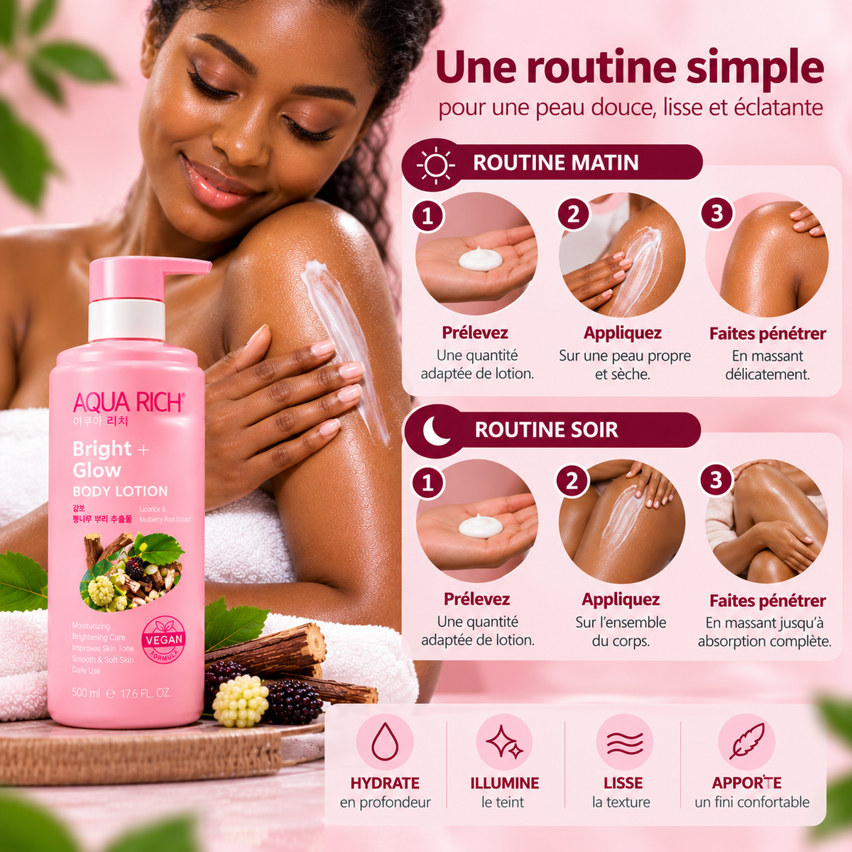 AQUA RICH Bright + Glow Body Lotion – Lait Corps Éclat Réglisse & Mûrier