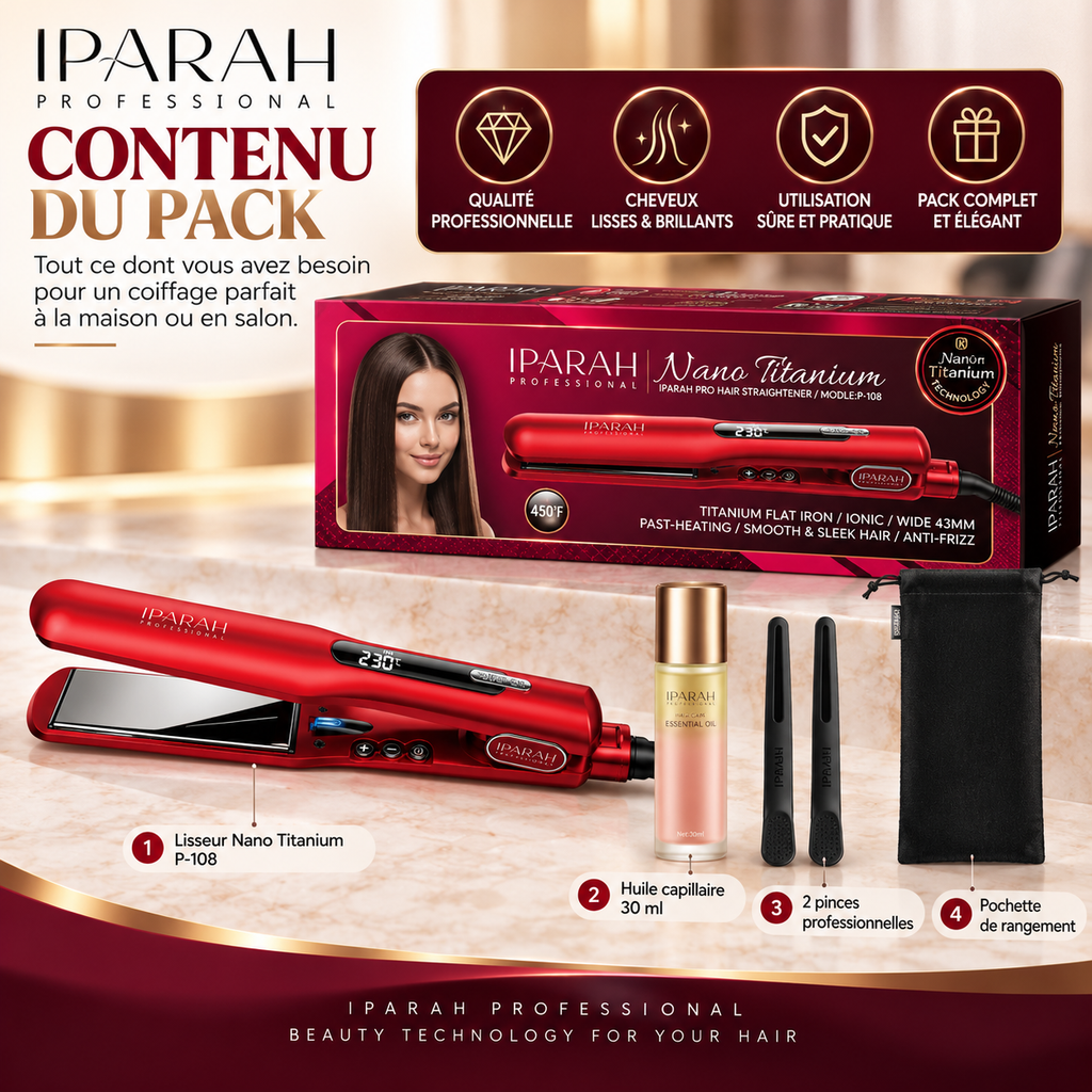 IPARAH Nano Titanium P-108 – Lisseur Professionnel à Plaques Larges 43 mm avec Écran Digital – Rouge