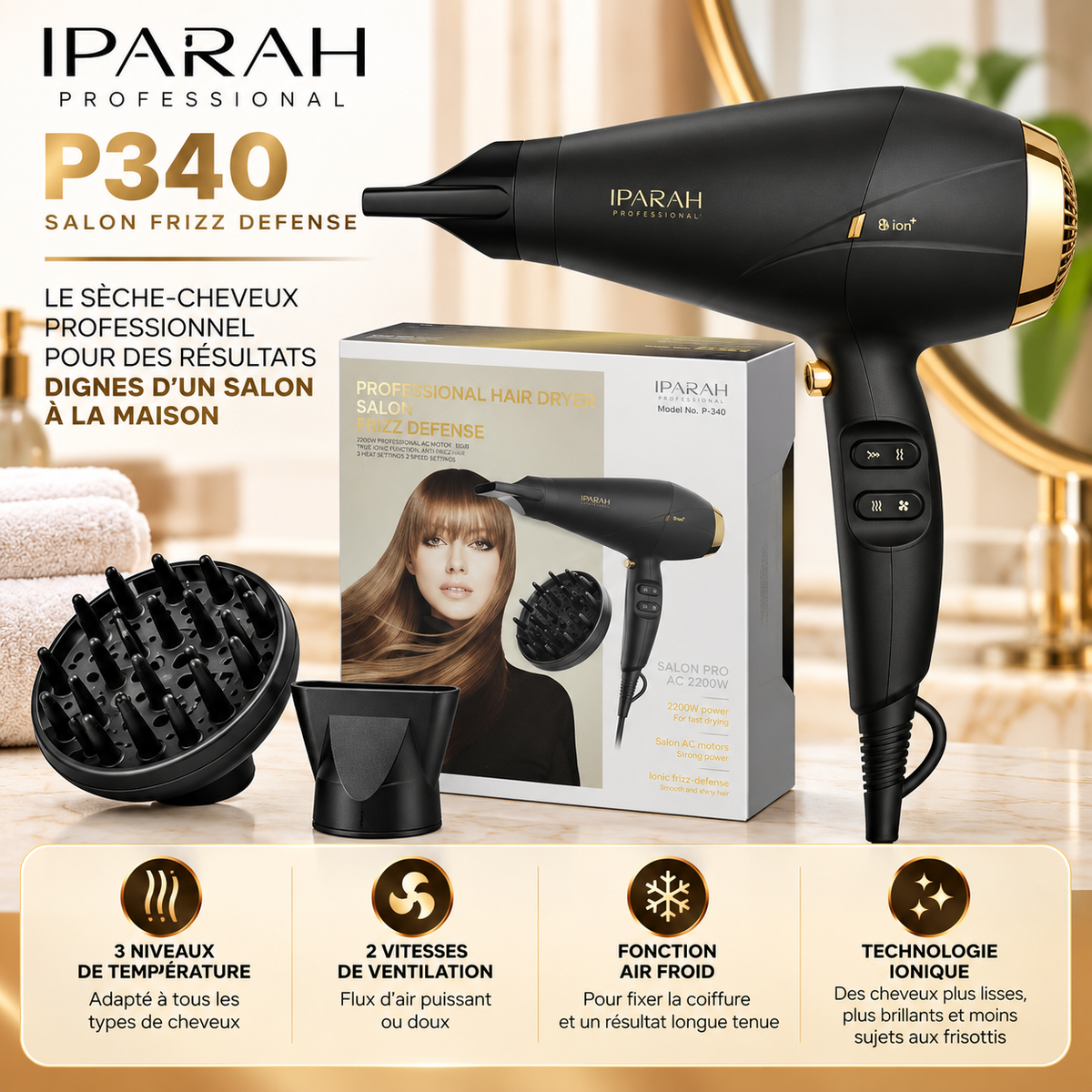 Sèche-Cheveux Professionnel IPARAH P340 – 2400W, Moteur AC, Ionique, 2 Vitesses, 3 Températures & Air Froid