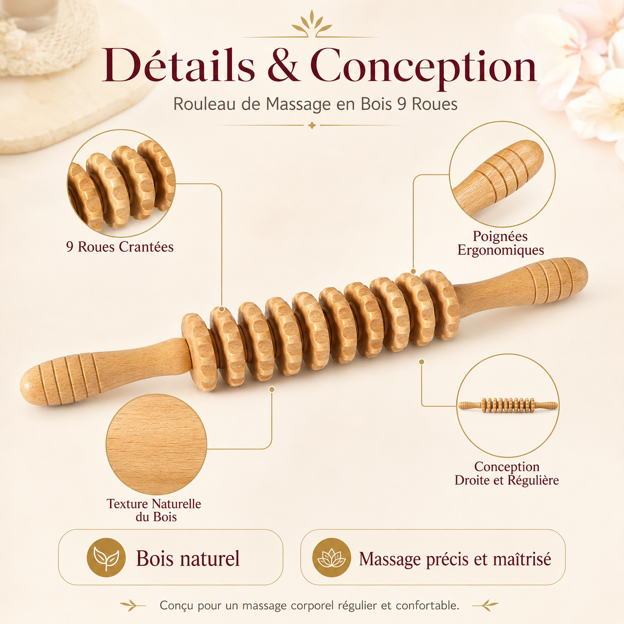 Rouleau de Massage en Bois 9 Roues – Madérothérapie Corps