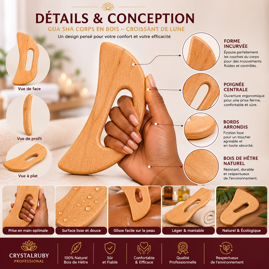 Gua Sha Corps en Bois Forme Croissant de Lune – Madérothérapie