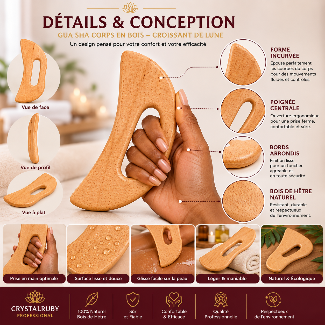 Gua Sha Corps en Bois Forme Croissant de Lune – Madérothérapie