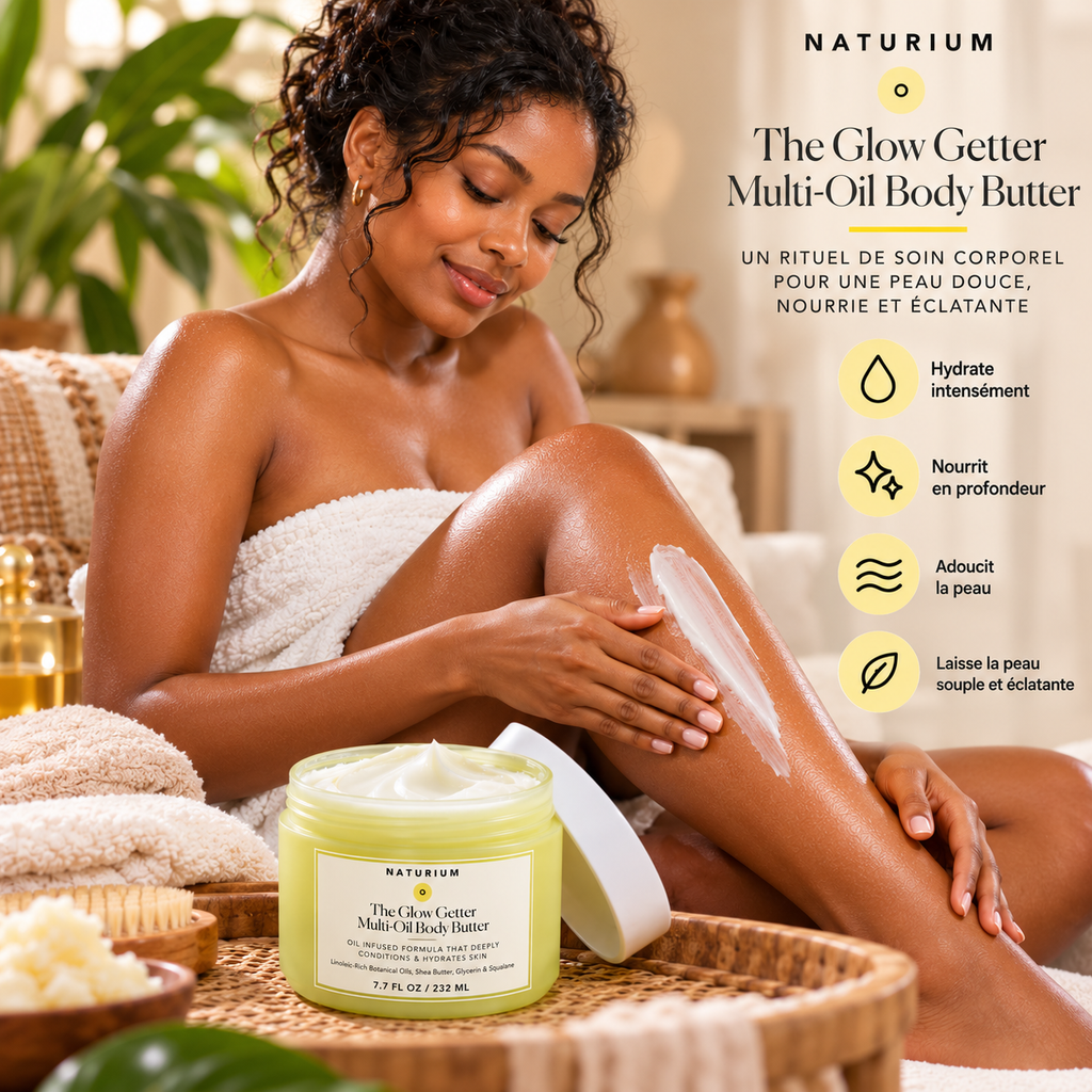 NATURIUM The Glow Getter Multi-Oil Body Butter – Beurre Corporel Nourrissant & Hydratant aux Huiles Végétales – 232 ml