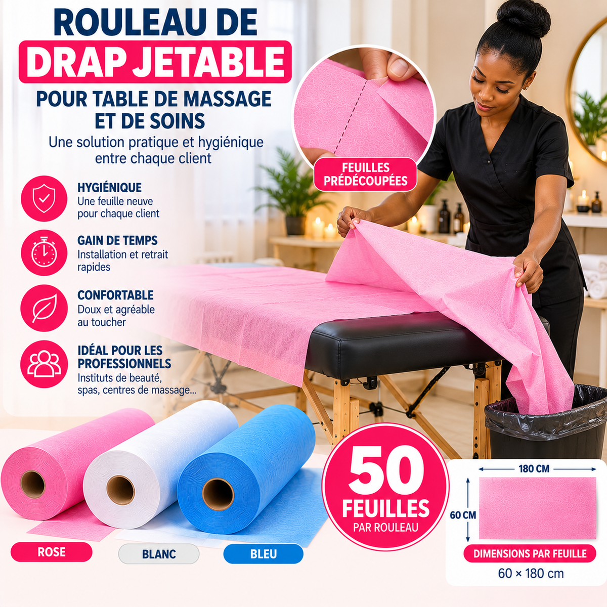 Rouleau Drap Jetable Table de Massage 50 Feuilles 60 x 180 cm - Rose Blanc Bleu