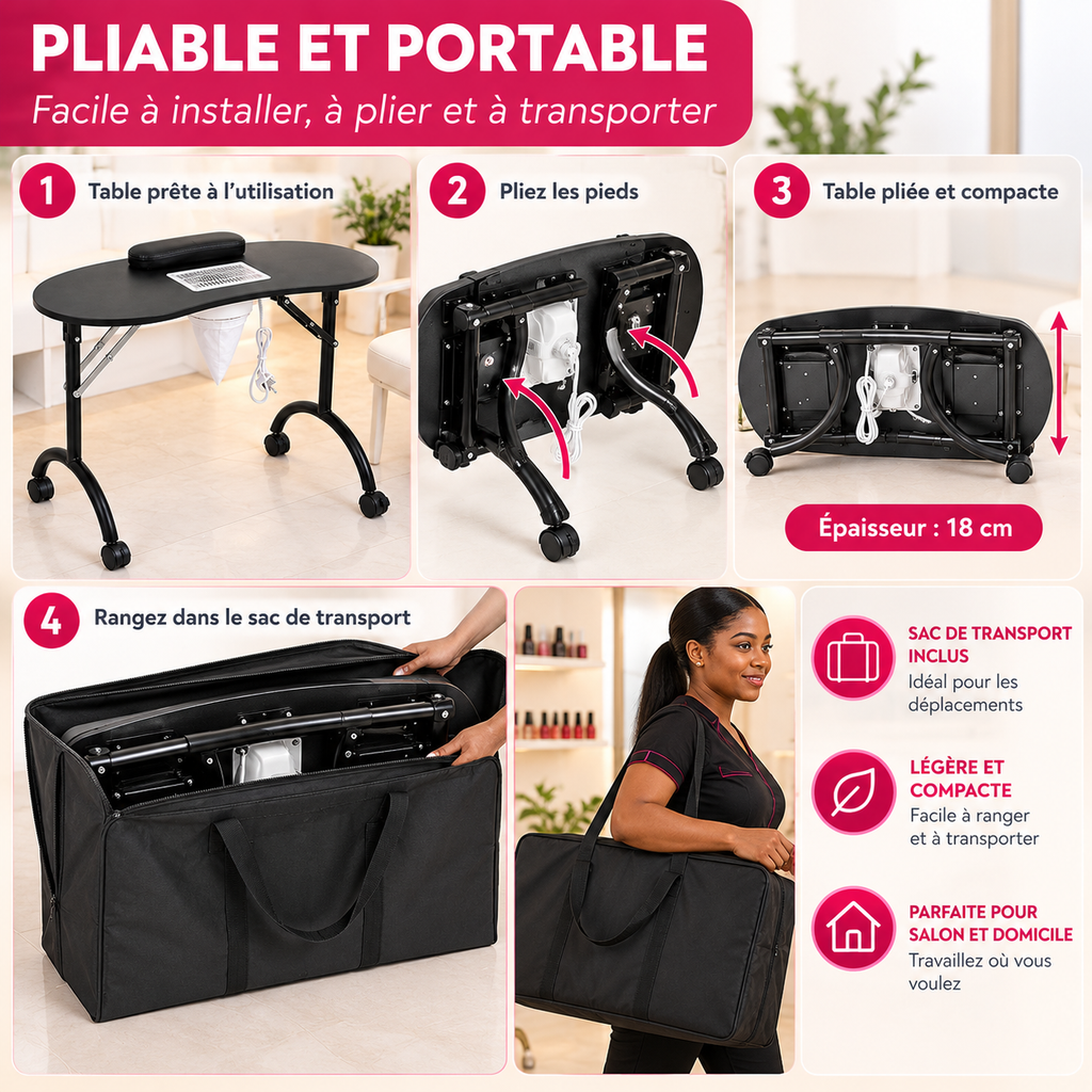 Table De Manucure Professionnelle Pliante Avec Aspirateur À Ongles Intégré, Repose-Mains, Roulettes Et Sac De Transport