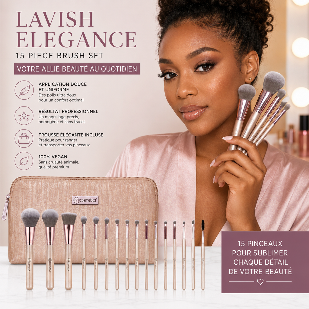 BH Cosmetics Lavish Elegance – Set de 15 Pinceaux Maquillage avec Trousse