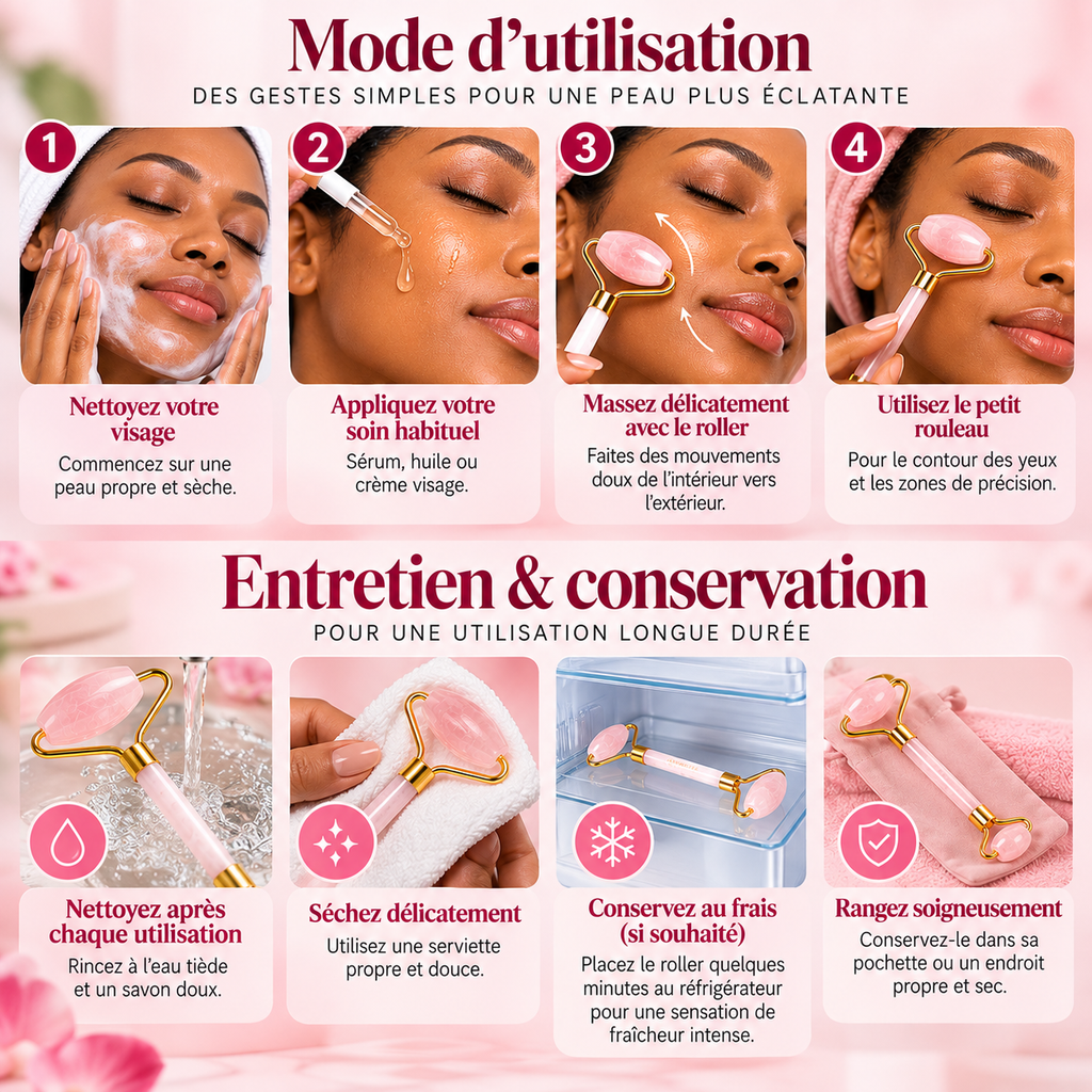 Roller Visage Double Embout en Quartz Rose – Rouleau de Massage Facial