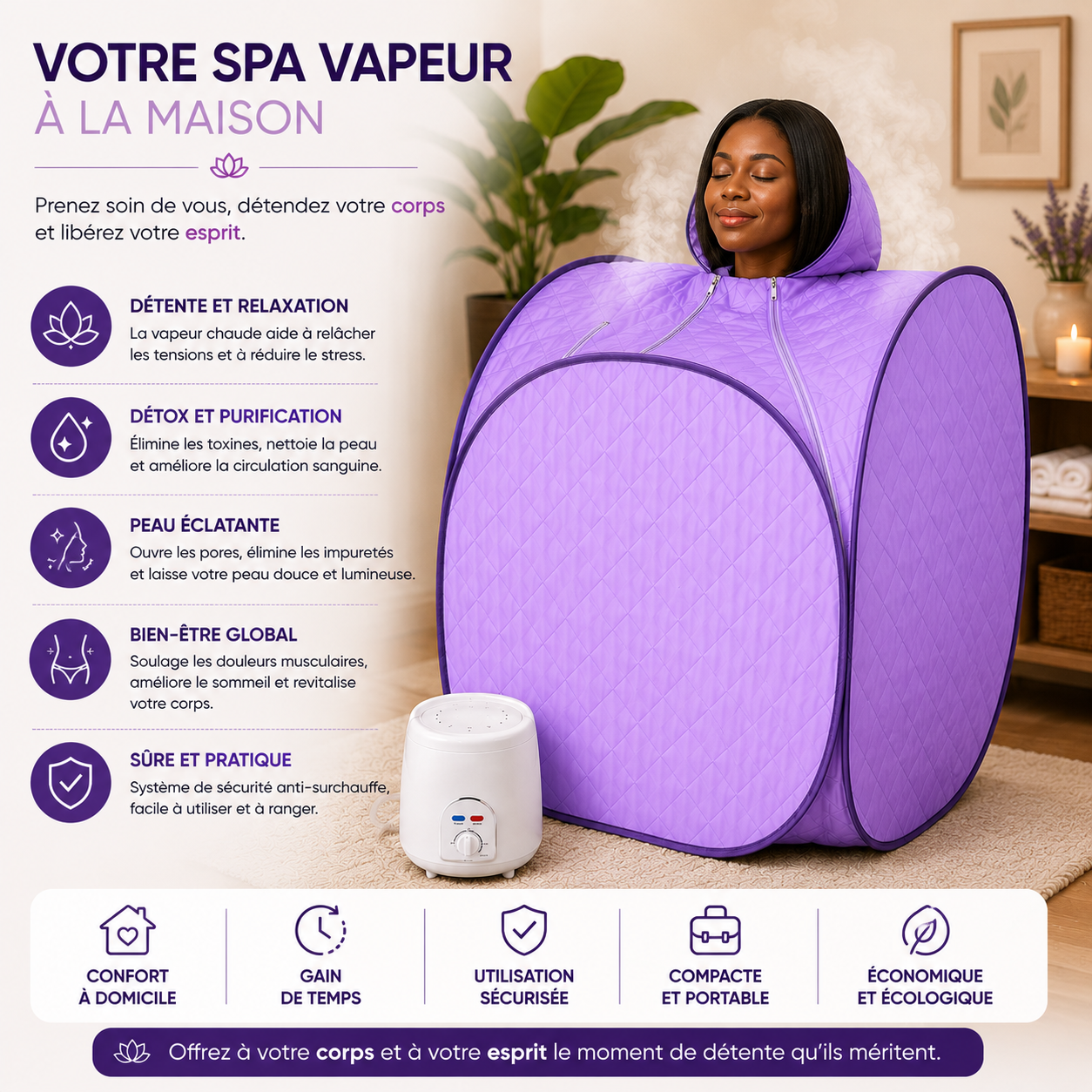 Cabine Sauna Portable à Vapeur 2 L – Sauna Personnel Pliable avec Télécommande