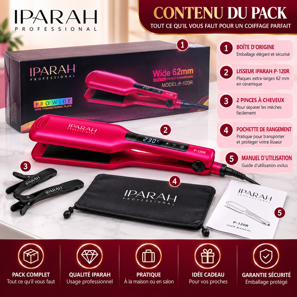 IPARAH P-120R – Lisseur Professionnel à Plaques Extra-Larges 62 mm en Céramique – Écran Digital – Rose Fuchsia