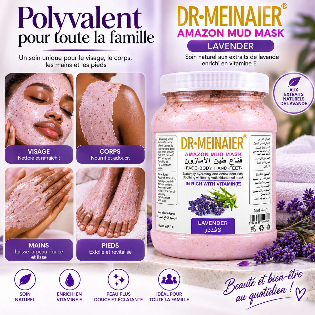 DR.MEINAIER Amazon Mud Mask Lavande & Vitamine E 4 kg – Masque Visage, Corps, Mains & Pieds