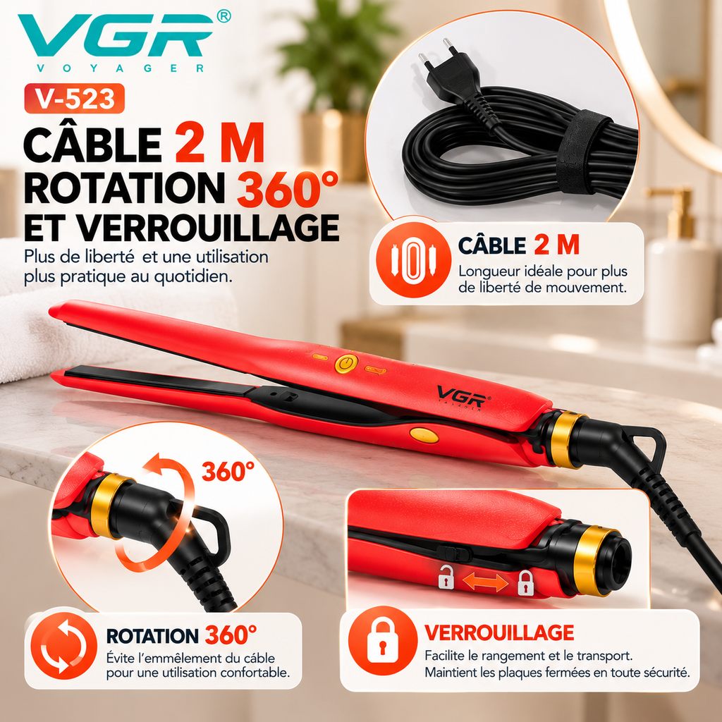VGR V-523 – Lisseur Professionnel Céramique à Plaques Fines 9 mm, Température Réglable 120–230 °C, Écran LED – Rose Gold