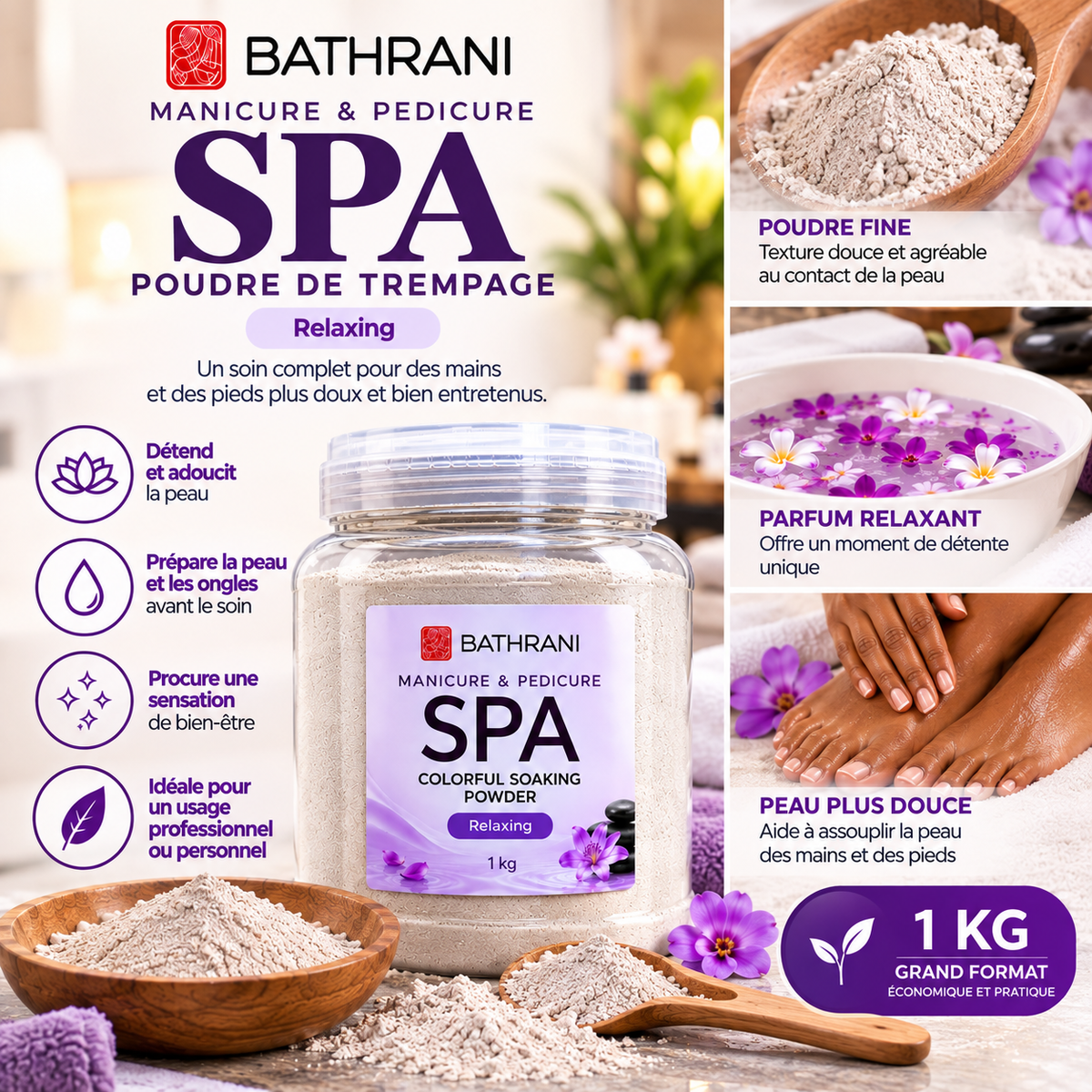 BATHRANI Poudre de Trempage SPA Manucure & Pédicure Relaxing – 1 kg