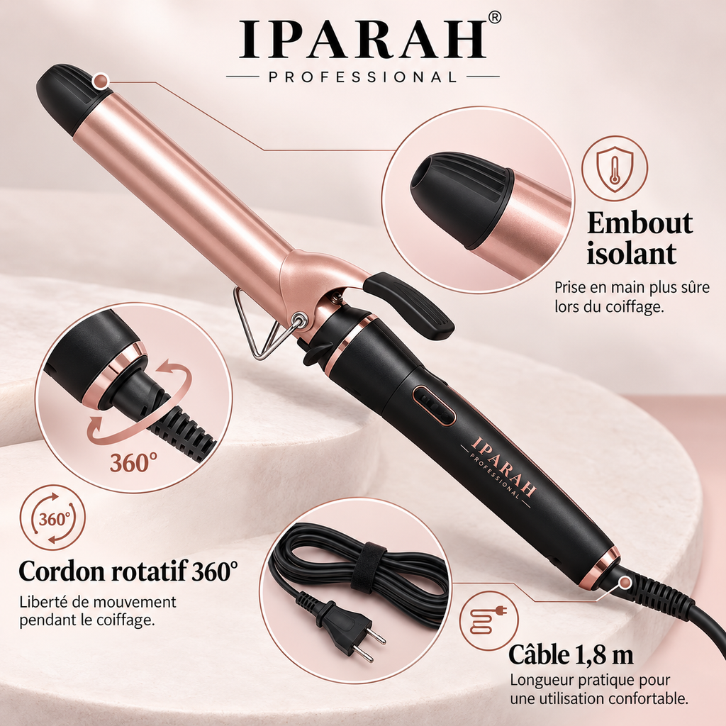 IPARAH P-201 – Fer à Boucler Professionnel Ionique 25 mm – Boucleur en Céramique, Chauffe Rapide PTC, 3 Températures Réglables – Rose Gold & Noir