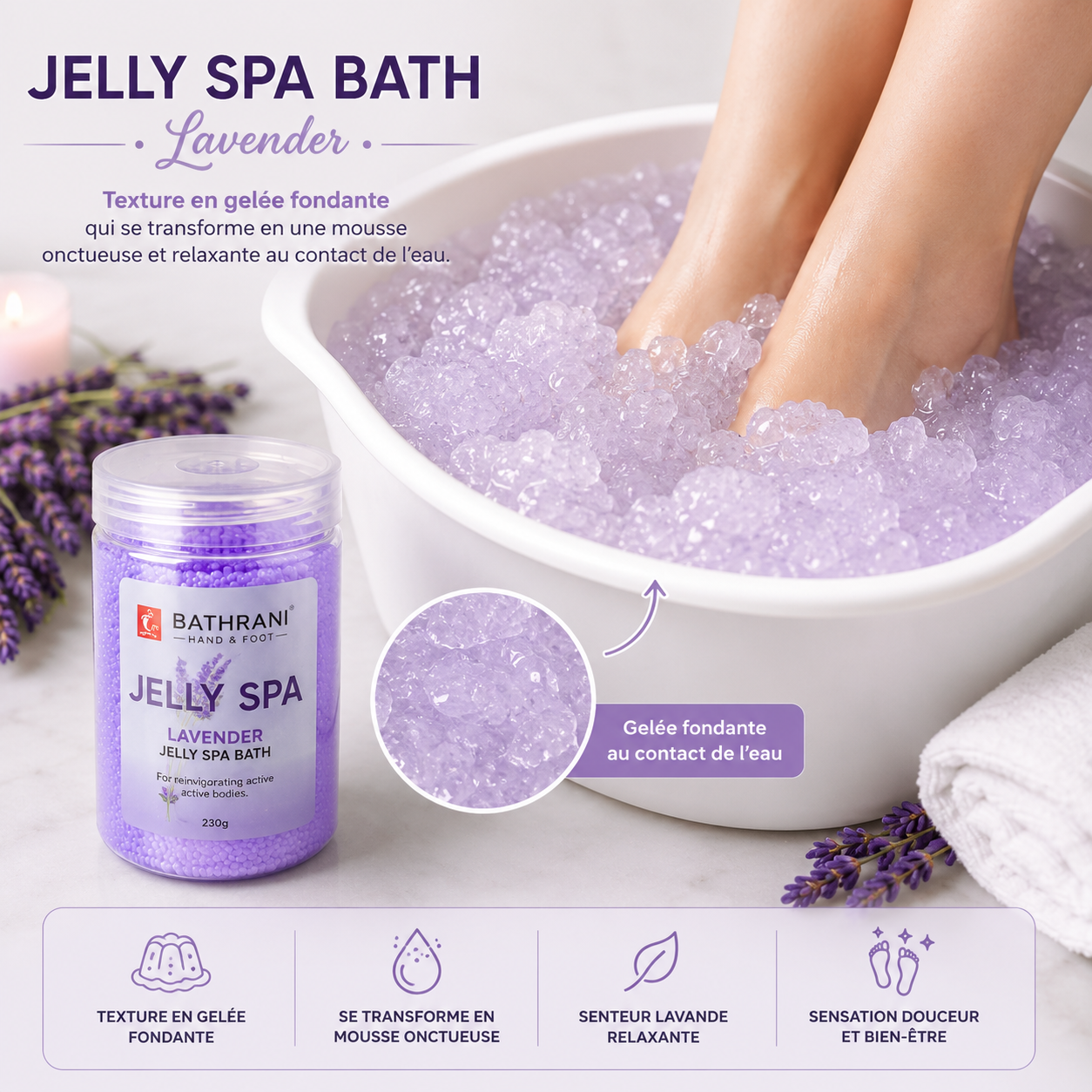 Bathrani Jelly Spa Bath Lavender – Bain de Pieds En Gelée À La Lavande 230 g