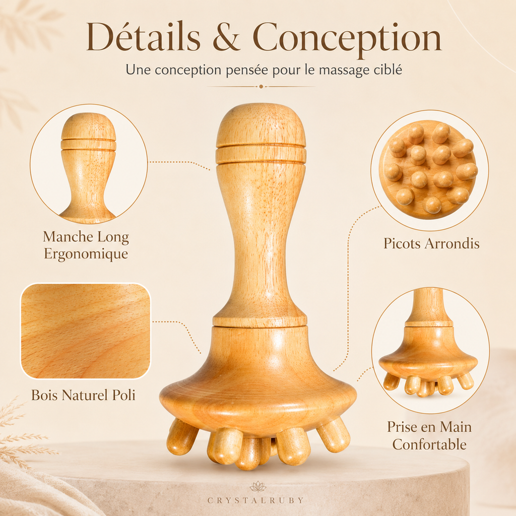 Champignon de Massage en Bois à Manche Long &amp; Picots Arrondis – Madérothérapie Corps