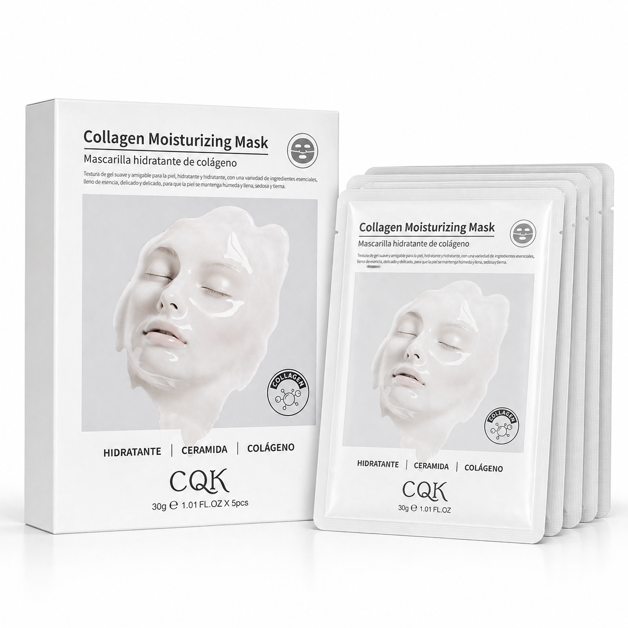 Masque Visage Hydratant au Collagène CQK – Peau Douce, Repulpée & Éclatante (Lot de 5)