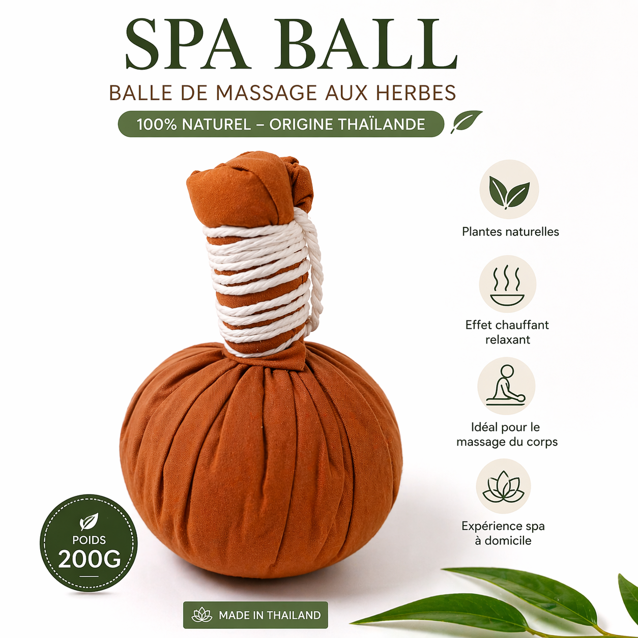Balle de Massage aux Herbes Thaïlandaise 200g – Rituel Spa Relaxant & Chauffant Corps