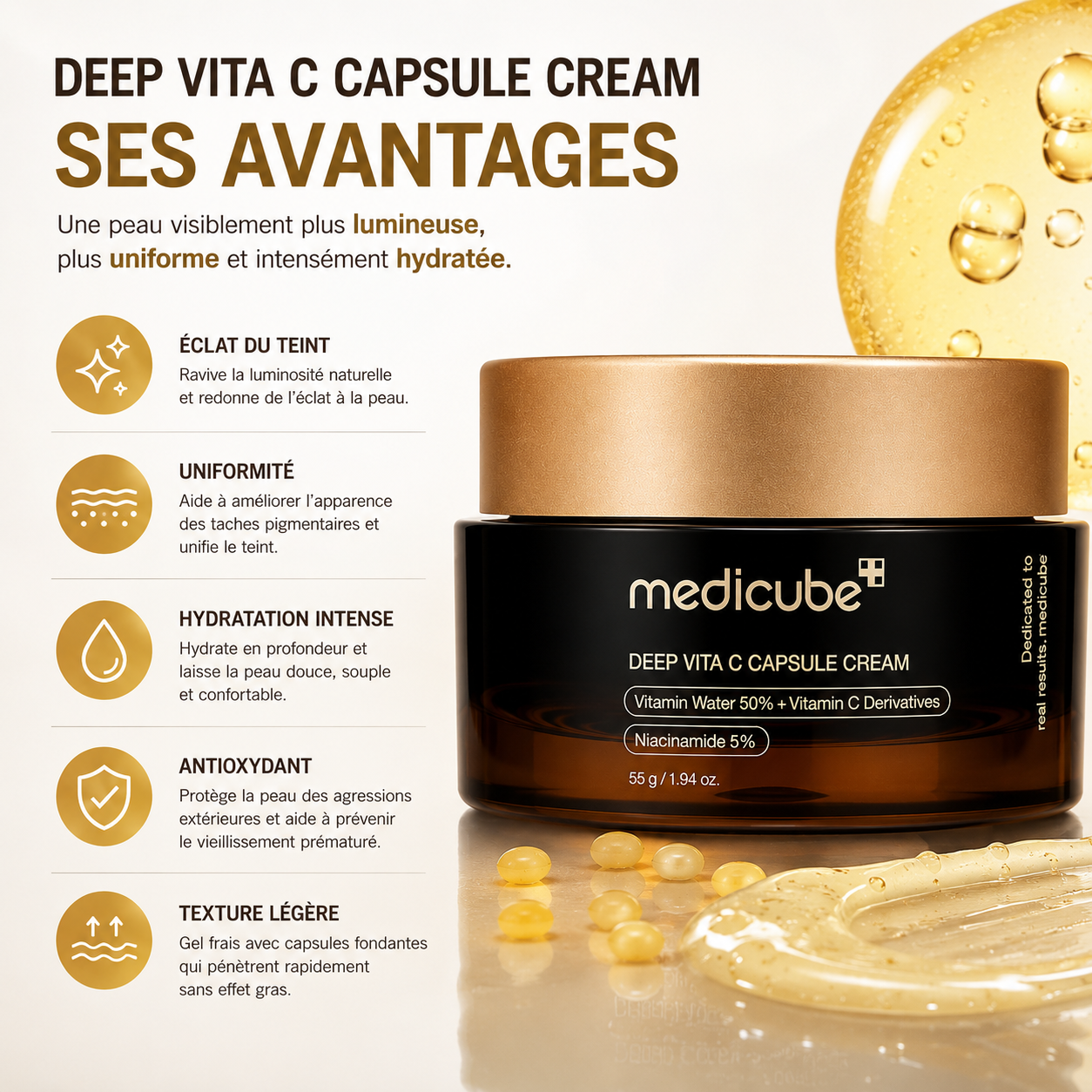 Medicube Deep Vita C Capsule Cream – Crème Éclat à la Vitamine C et Niacinamide pour Taches et Teint Uniforme – 55 g