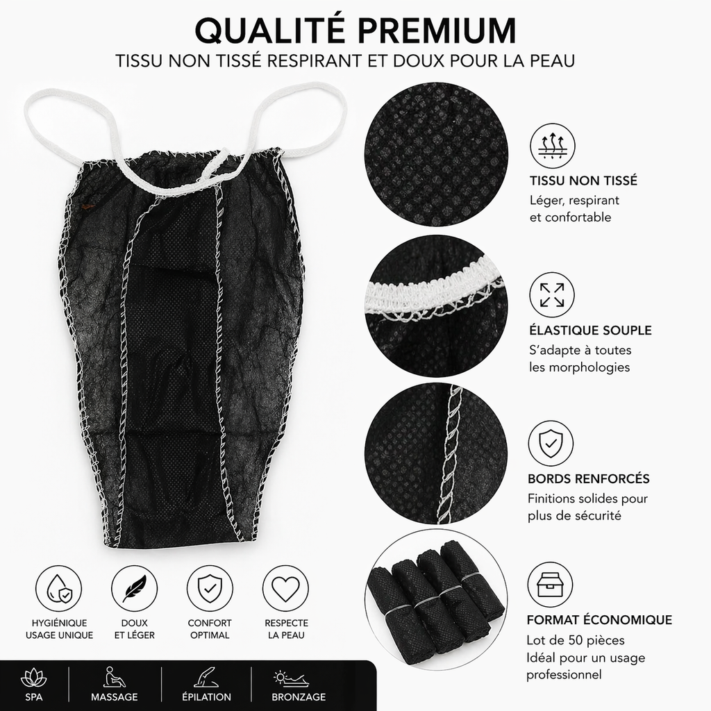 Lot de 50 Culottes String Jetables Noires – Sous-Vêtements Spa & Soins Esthétiques