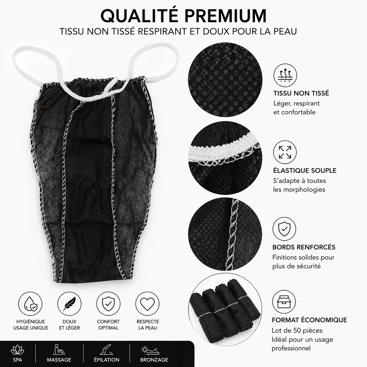 Lot de 50 Culottes String Jetables Noires – Sous-Vêtements Spa & Soins Esthétiques