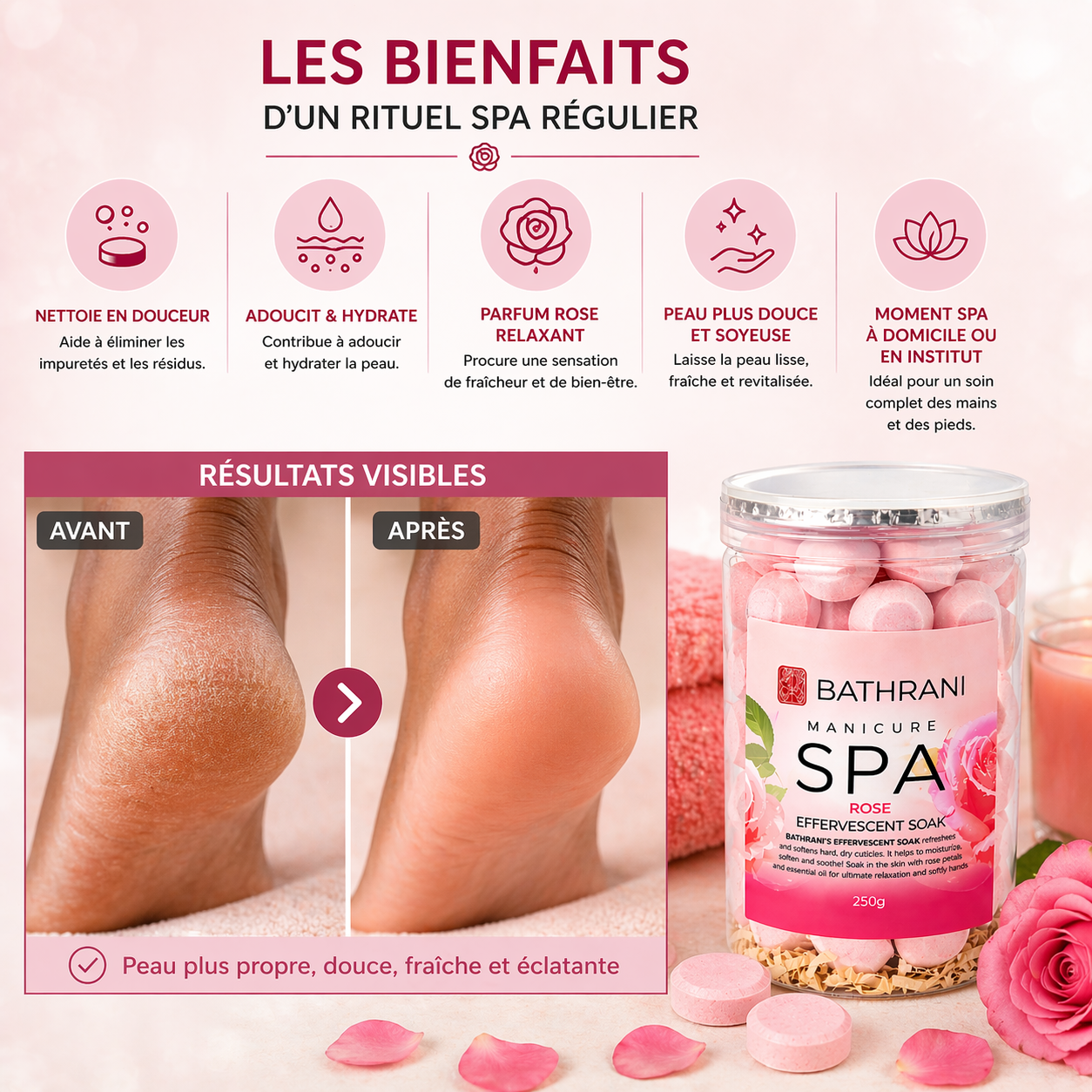 Billes Effervescentes Spa Rose 250g – Bain Mains & Pieds Hydratant & Relaxant