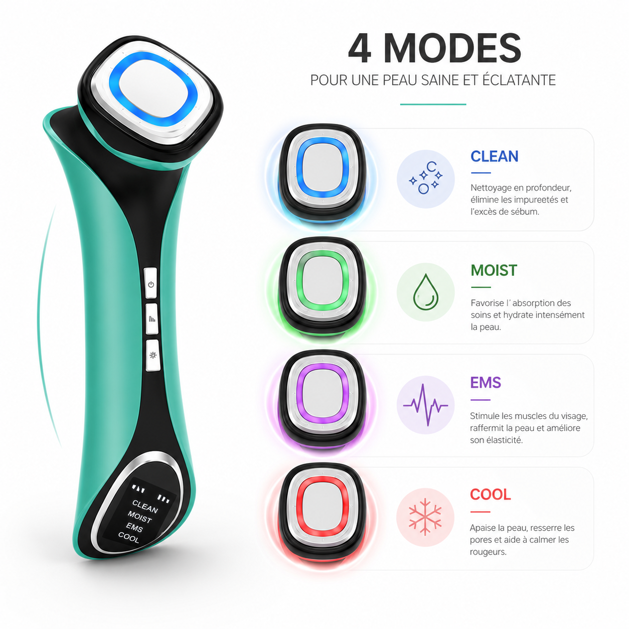 Appareil de Soin du Visage 4-en-1 Chaud et Froid – Clean, Moist, EMS & Cool