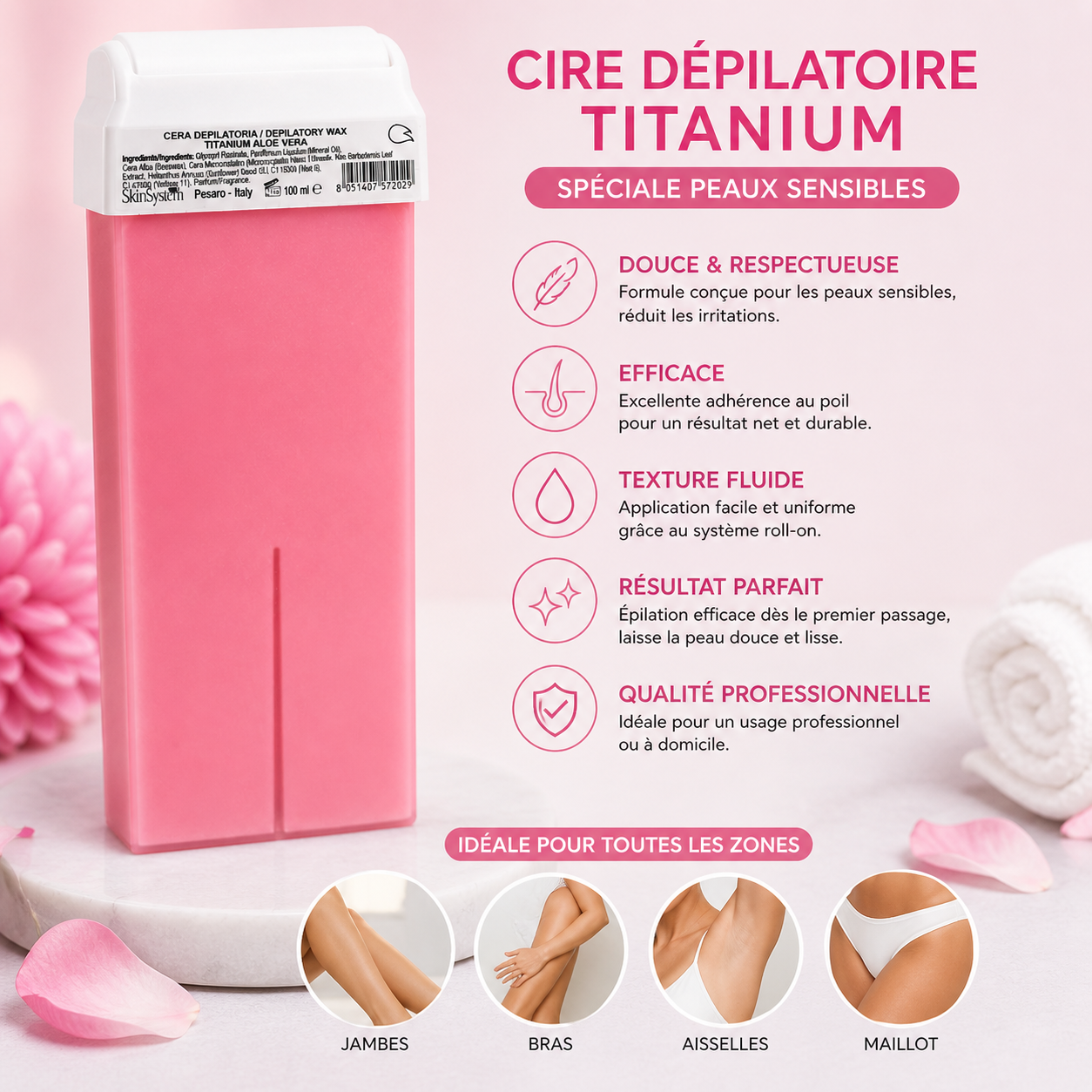 Cartouche de Cire Dépilatoire Rose Titanium 100ml – Peaux Sensibles & Épilation Douce