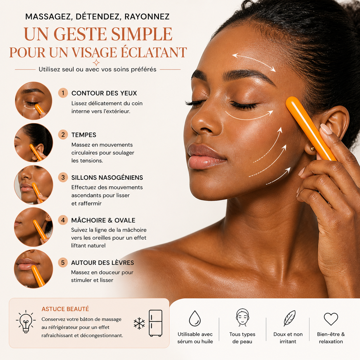 Bâton de Massage Visage Précision – Stylet Facial Ergonomique pour Zones Ciblées