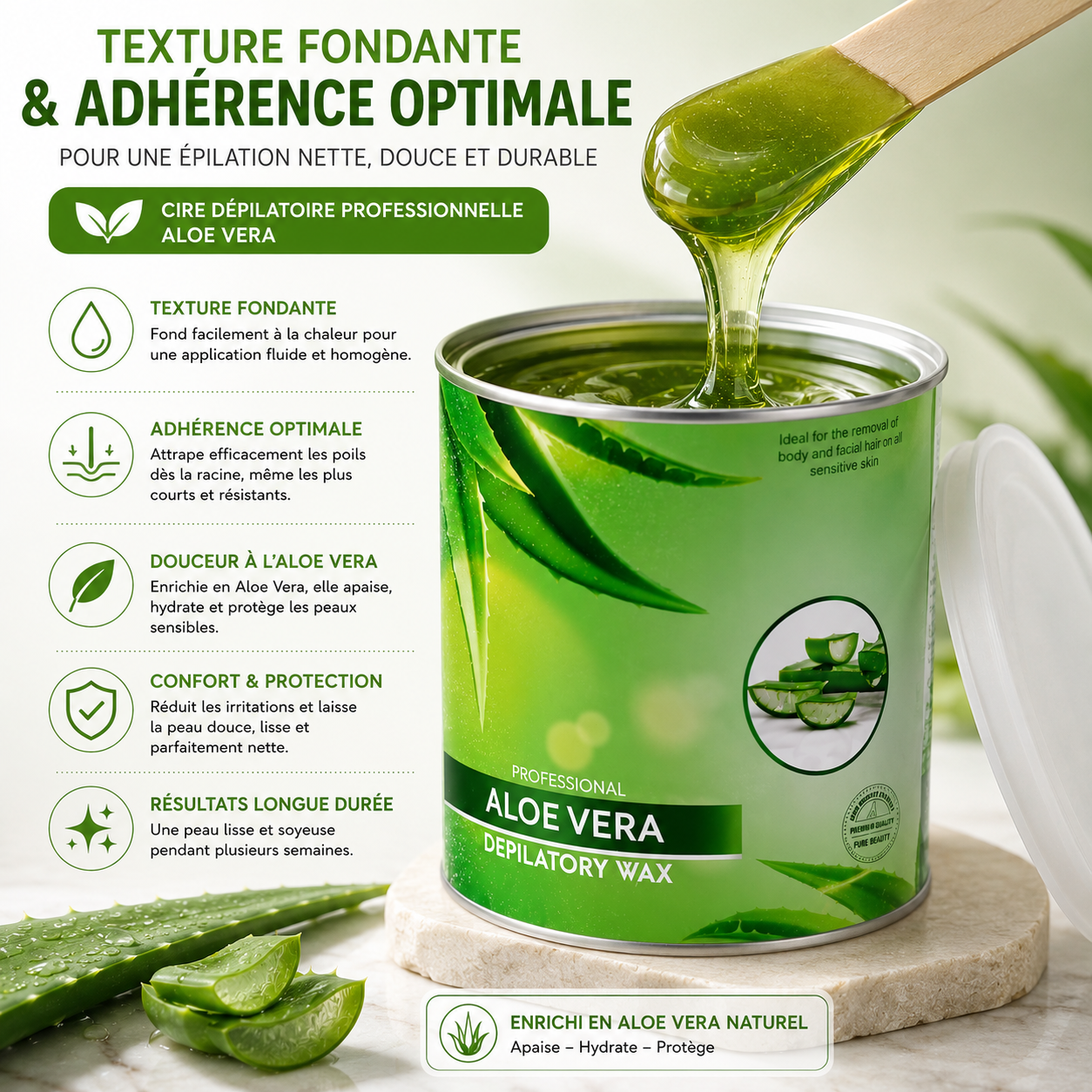 Cire Dépilatoire Professionnelle Aloe Vera 800 g – Peaux Sensibles