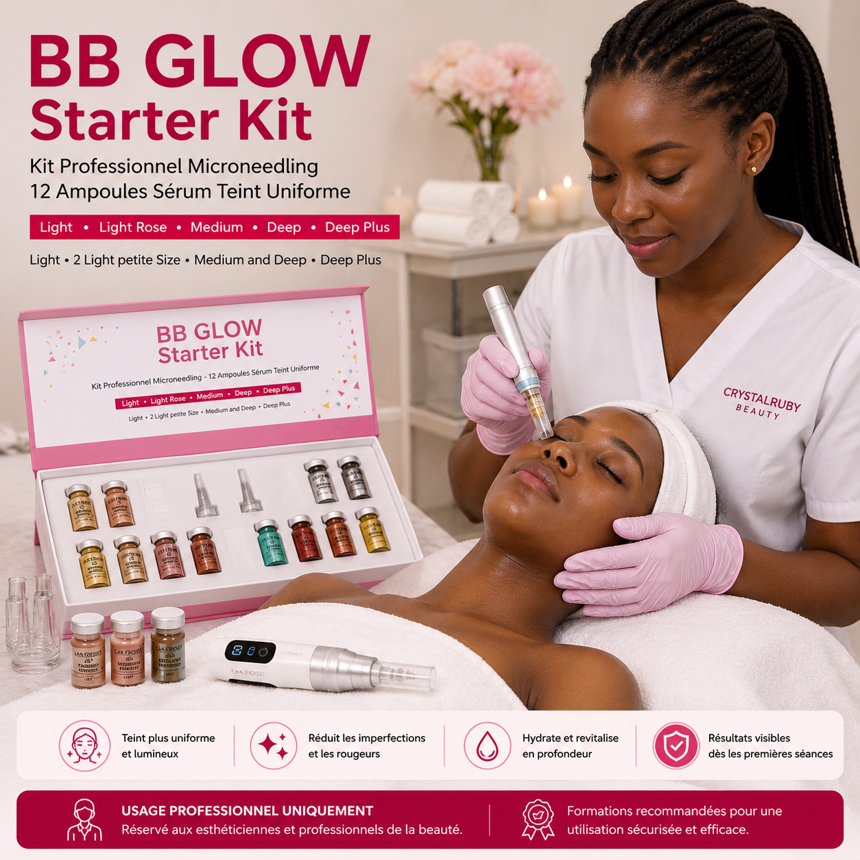 BB Glow Starter Kit Professionnel – Kit Microneedling avec 12 Ampoules Sérum Teint Uniforme -Usage Institut & Esthéticienne