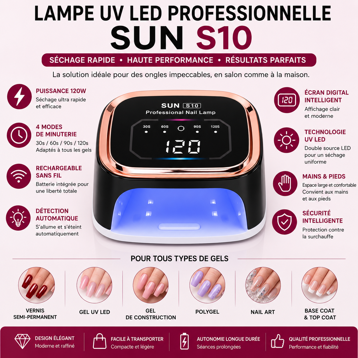 Lampe UV LED Professionnelle SUN S10 Rechargeable 120W – Séchage Rapide Gel UV, Vernis Semi-Permanent & Nail Art