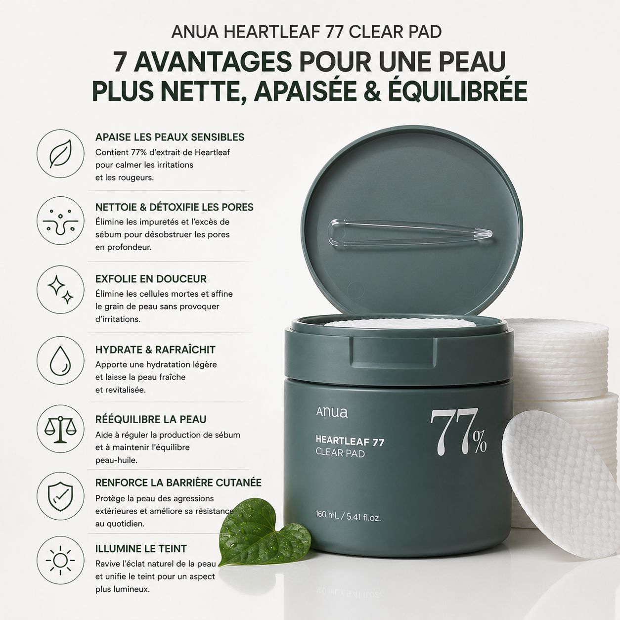 ANUA Heartleaf 77 Clear Pad – Disques Tonifiants Apaisants & Exfoliants