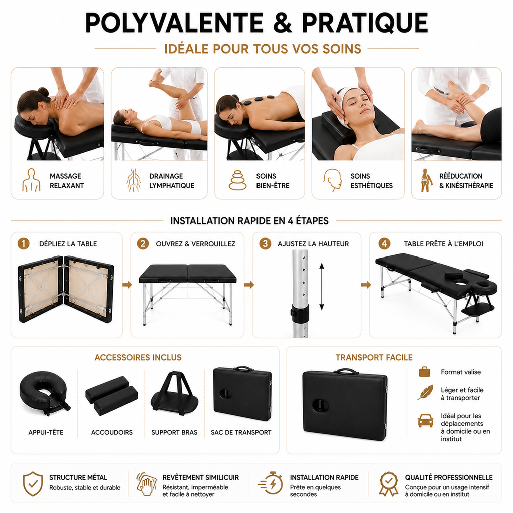Table de Massage Pliante Professionnelle 2 Zones  – Structure Métal, Portable & Réglable - Avec Sac (Noir)