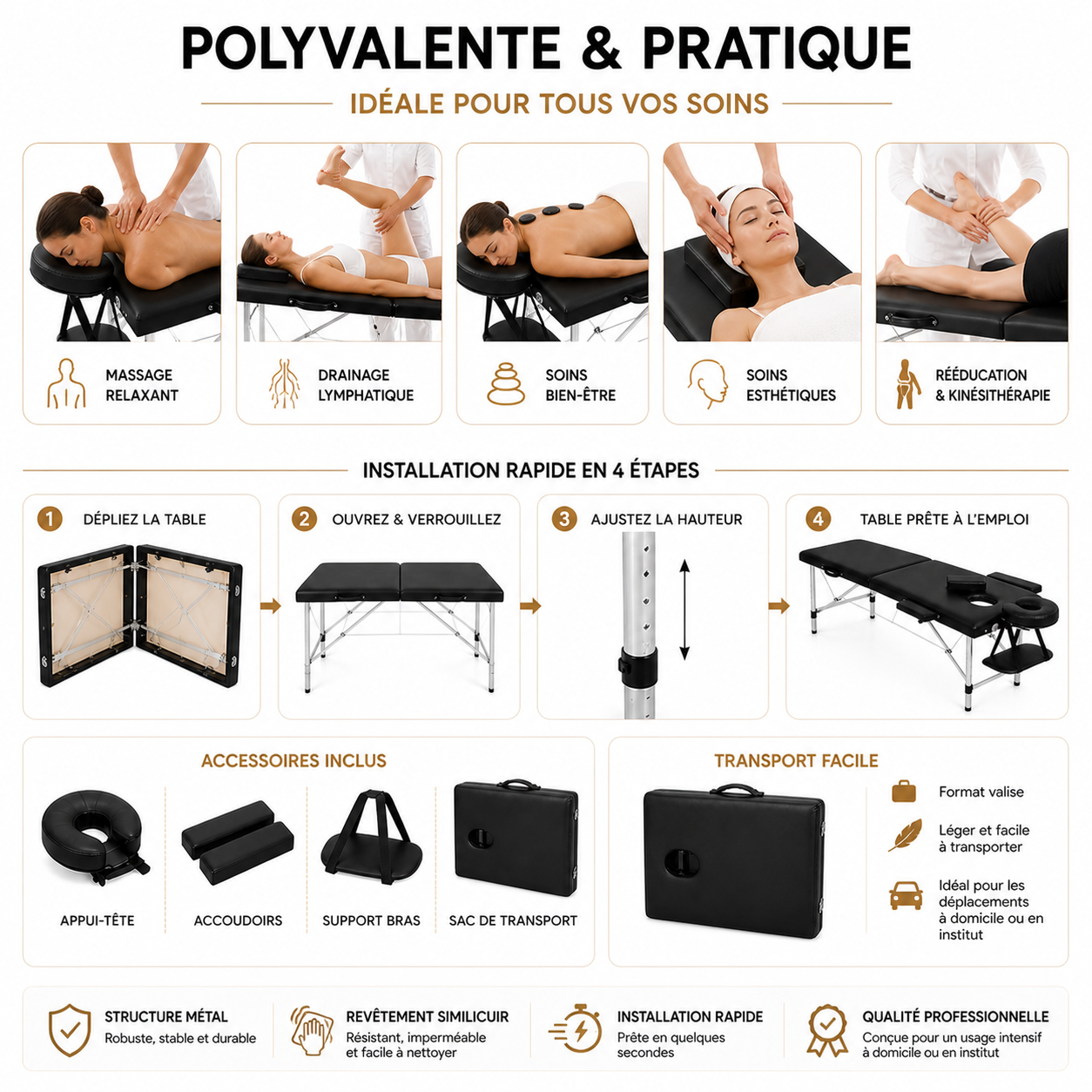 Table de Massage Pliante Professionnelle 2 Zones  – Structure Métal, Portable & Réglable - Avec Sac (Noir)