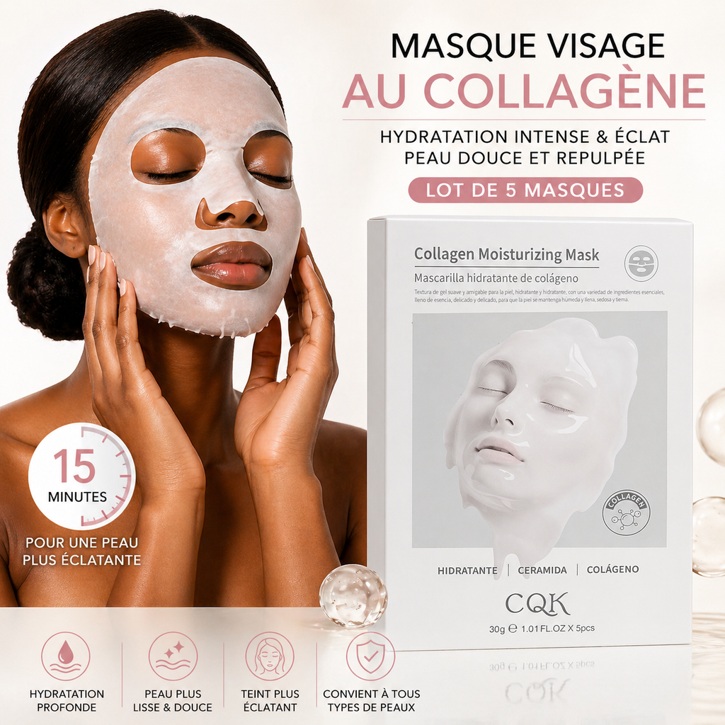 Masque Visage Hydratant au Collagène CQK – Peau Douce, Repulpée & Éclatante (Lot de 5)