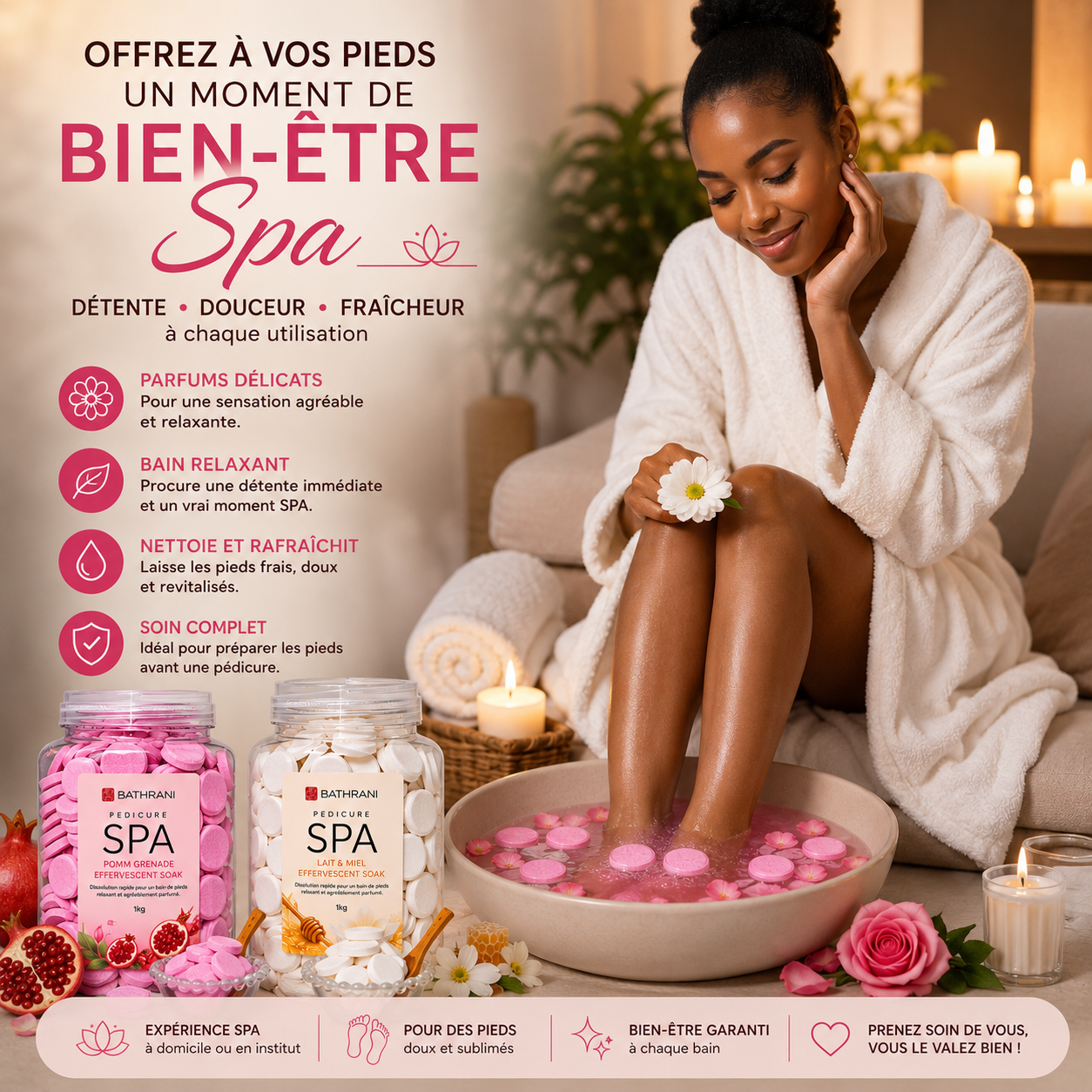 Pastilles Effervescentes Spa Pédicure 1KG – Bain De Pieds Relaxant Rose Ou Lait & Miel