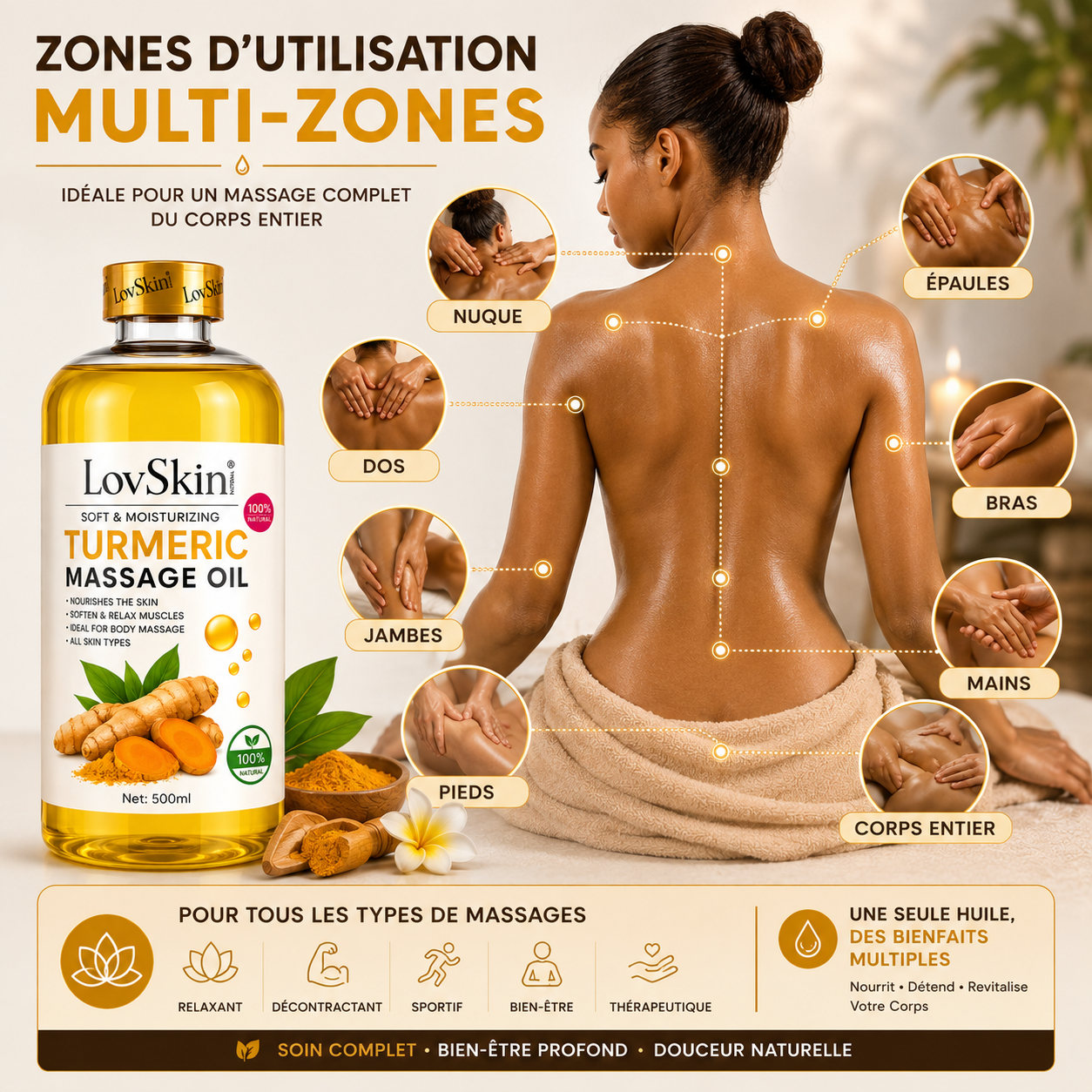 Huile De Massage Curcuma (Turmeric Massage Oil) LovSkin – 500 ml