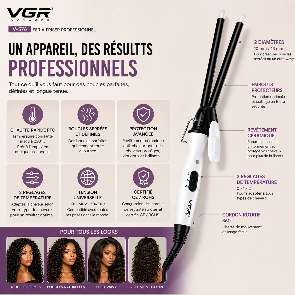 Fer à Friser & Boucler Professionnel VGR V-576 – Boucles Serrées Définies & Effet Wavy Longue Tenue