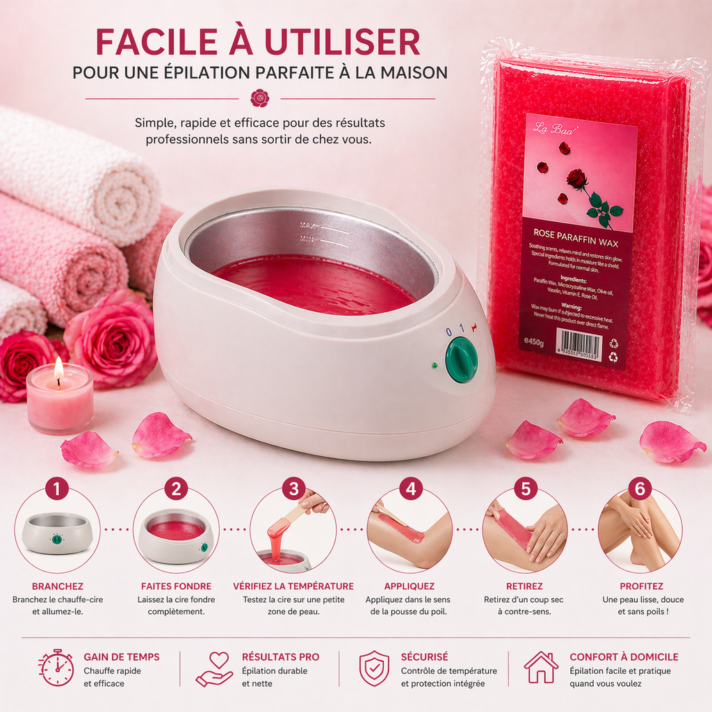 Paraffine WAX Cosmétique Rose 450g – Soin Hydratant Mains & Pieds Spa