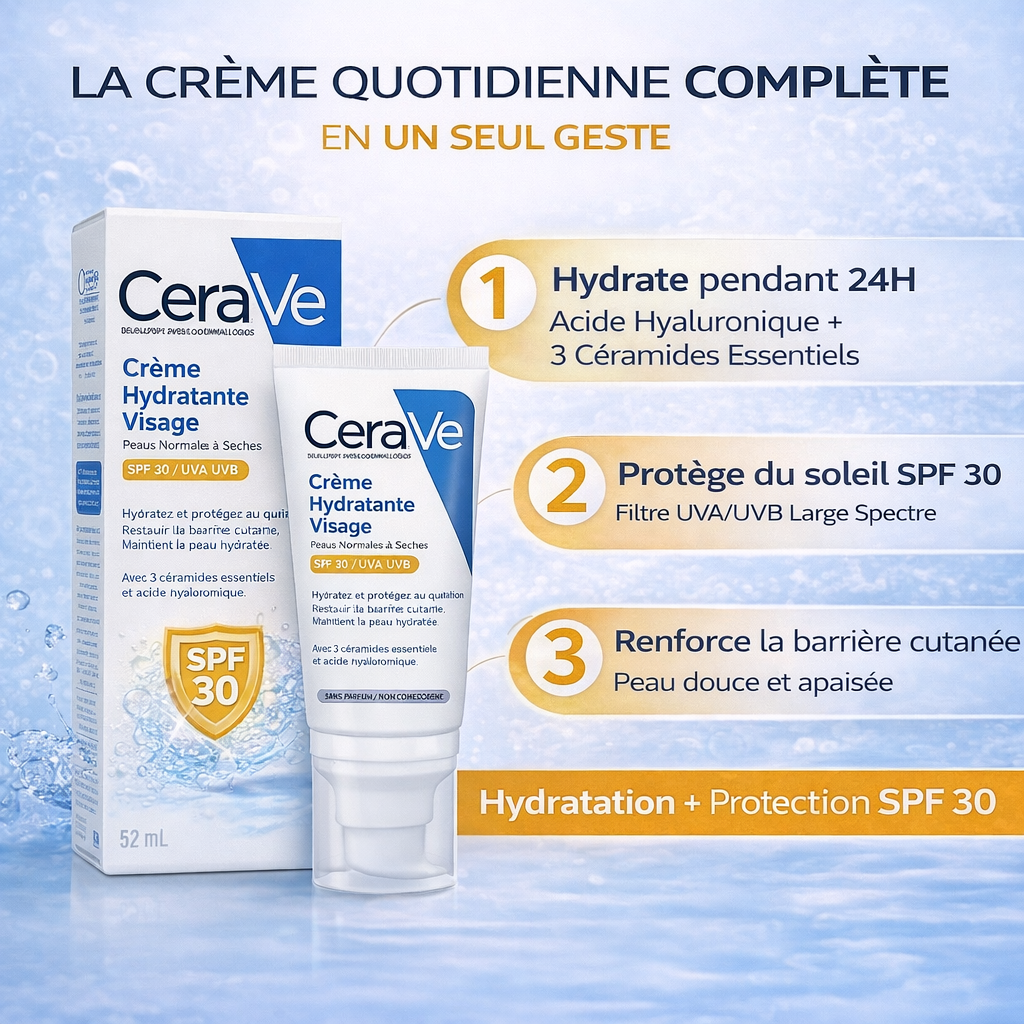 CeraVe Crème Hydratante Visage SPF30 – Hydratation & Protection UV – Peaux Normales à Sèches