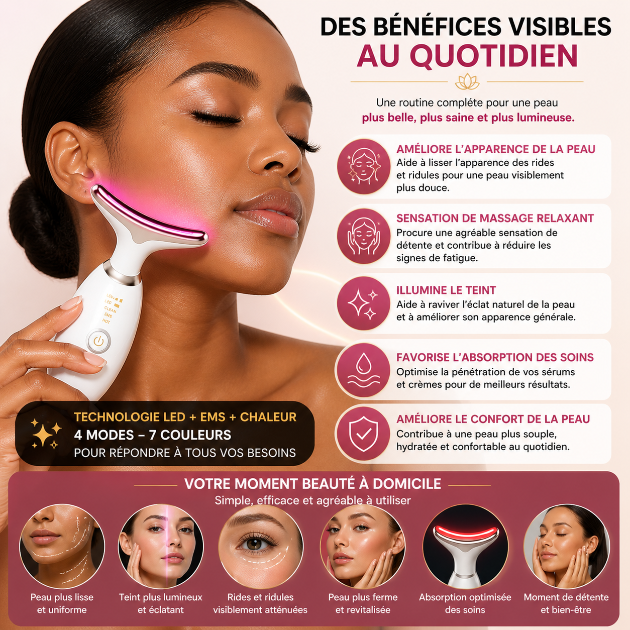 Appareil de Massage Visage LED & EMS 7 Couleurs – Outil Beauté Électrique Éclat & Détente (Blanc / Noir / Rouge)