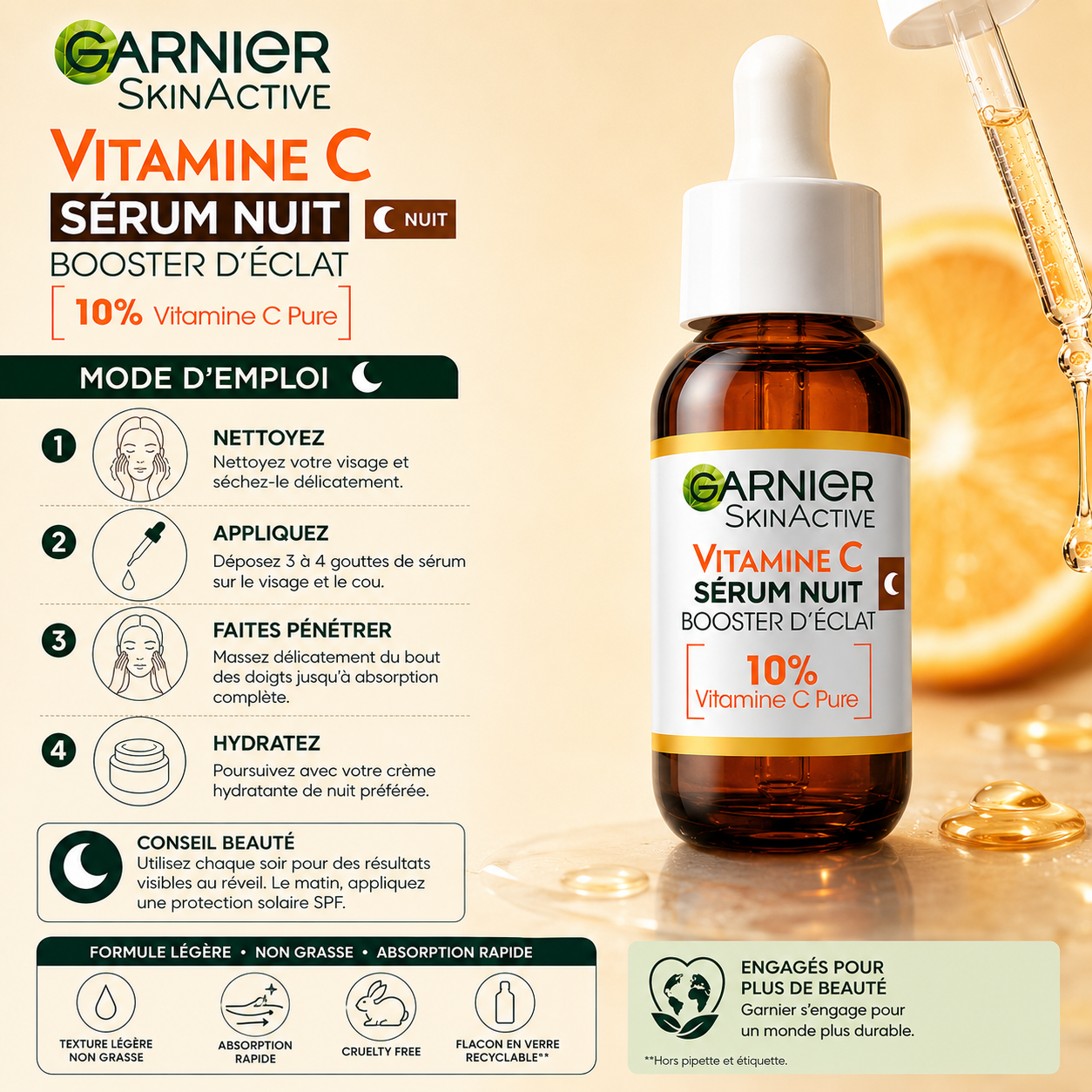 Garnier SkinActive Vitamine C – Sérum Nuit Booster D’Éclat 10% Vitamine C Pure