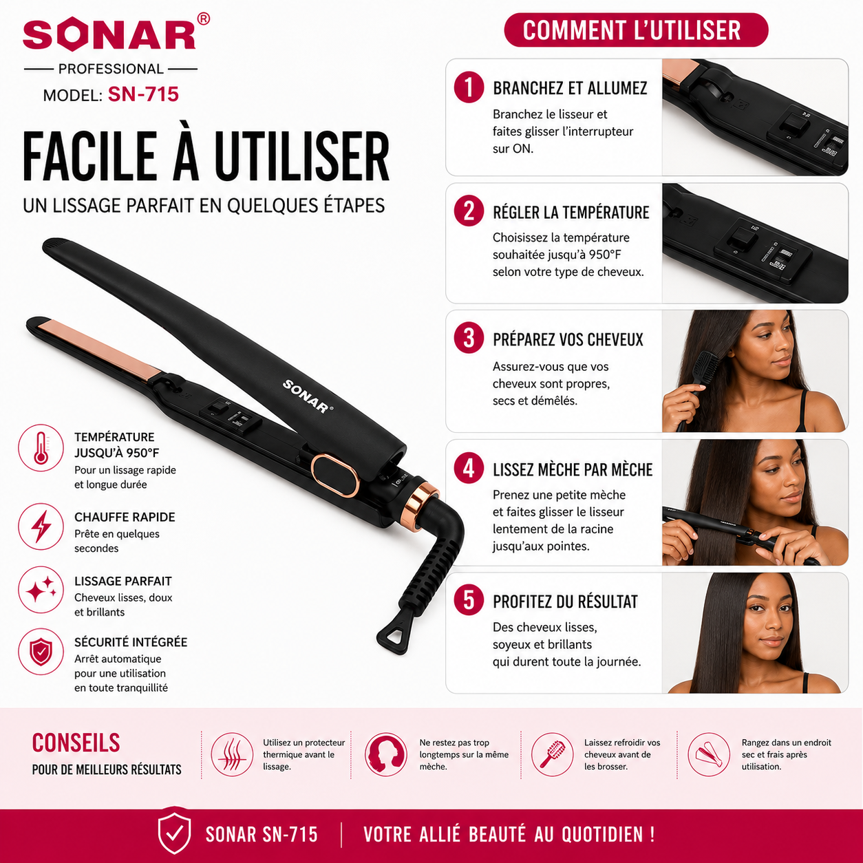 Fer à Lisser Professionnel SONAR SN-715 – Lisseur Céramique Haute Température 950°F