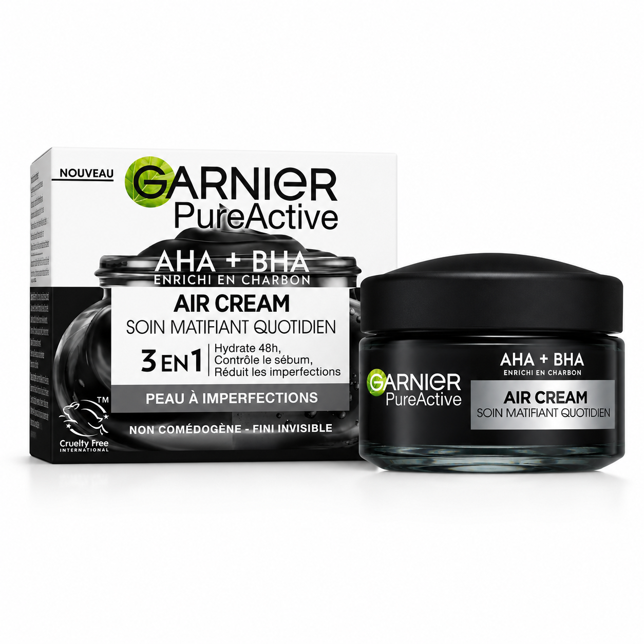 Garnier Pure Active Air Cream – Soin Matifiant Quotidien 3-en-1 AHA + BHA Enrichi En Charbon