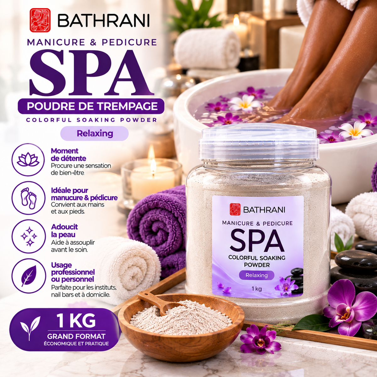 BATHRANI Poudre de Trempage SPA Manucure & Pédicure Relaxing – 1 kg