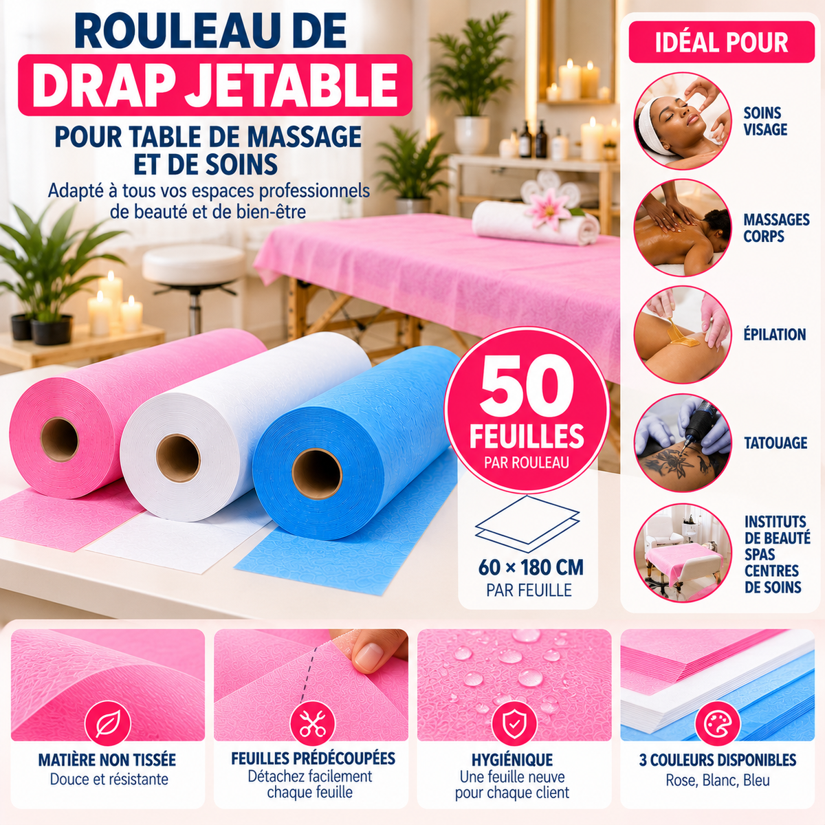 Rouleau Drap Jetable Table de Massage 50 Feuilles 60 x 180 cm - Rose Blanc Bleu