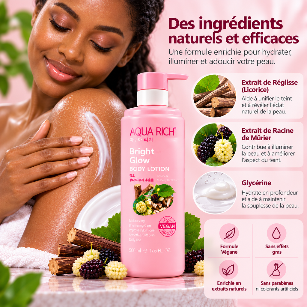 AQUA RICH Bright + Glow Body Lotion – Lait Corps Éclat Réglisse & Mûrier